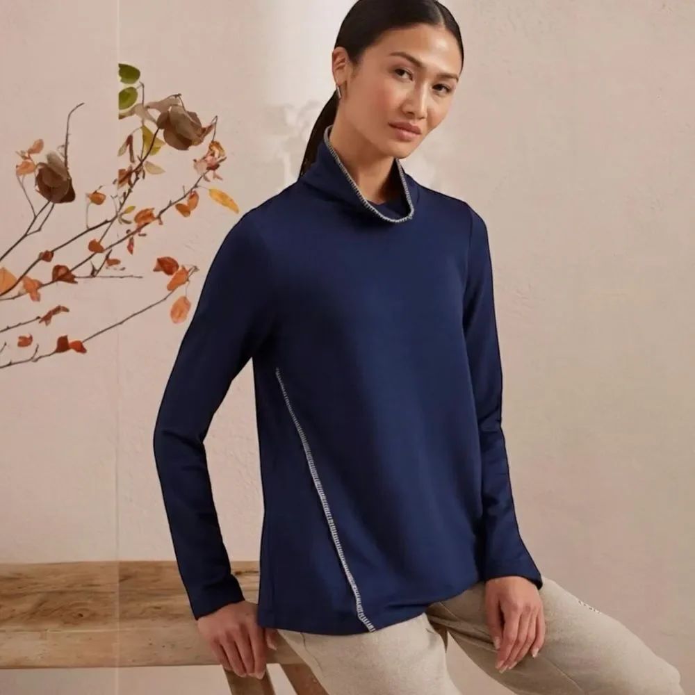 J. Jill Pure Jill Tranquility Fleece Whipstitched Top  Navy Blue Size Small